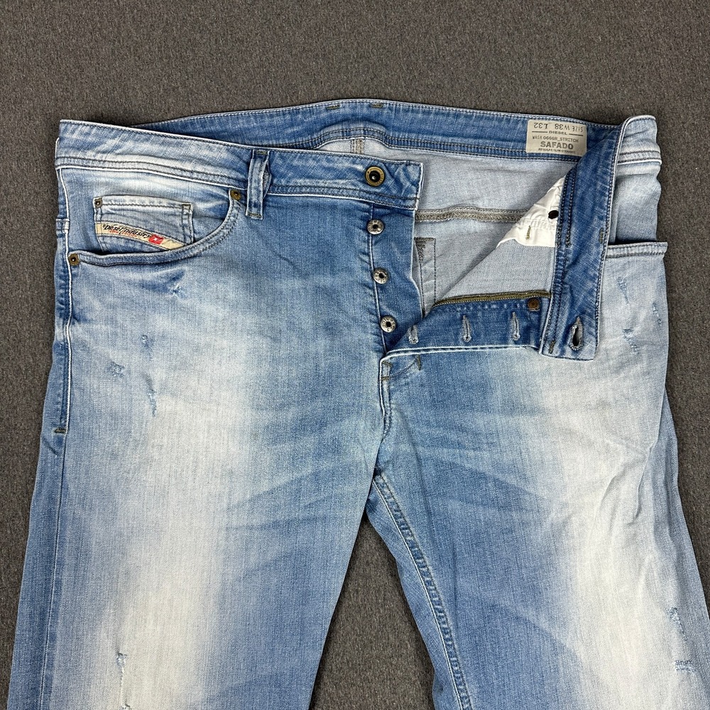 Diesel Safado Mens W38 L32 Slim Straight Jeans Light Wash Distressed Button Fly